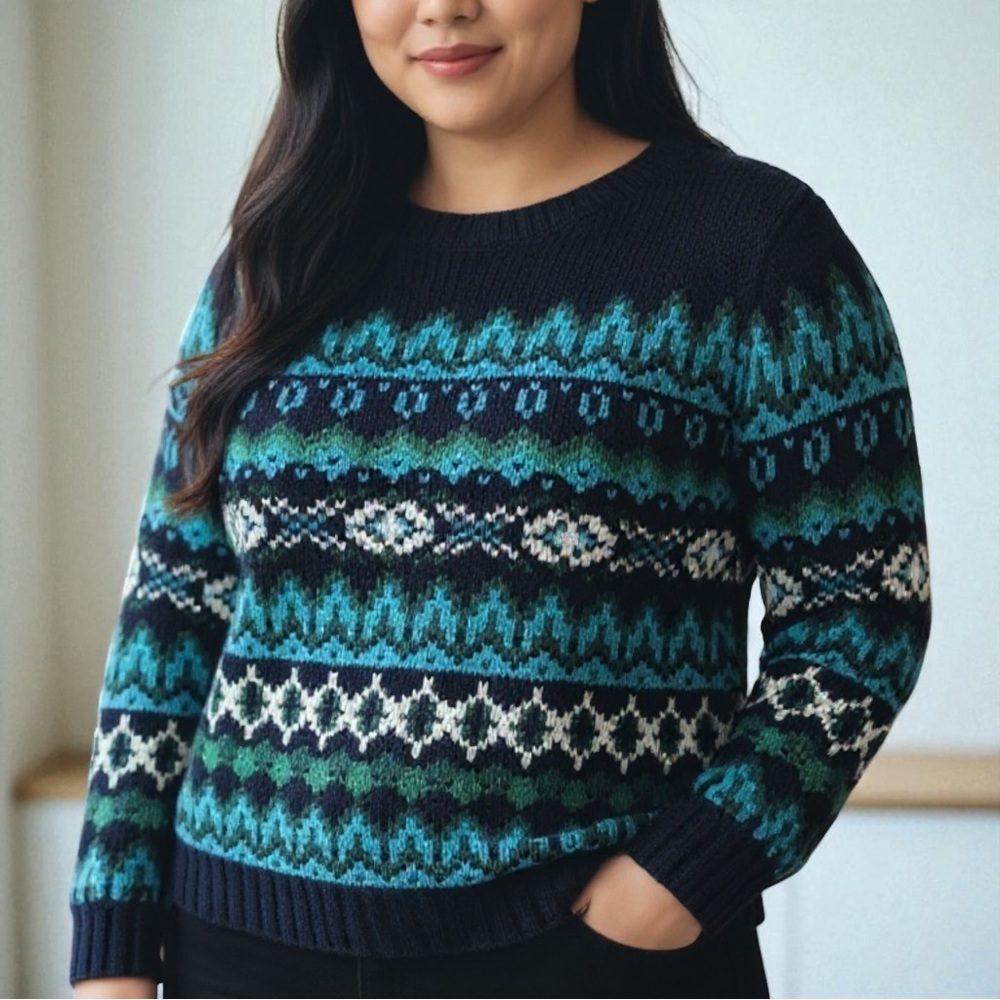 Talbots Navy and Teal Patterned Sweater NWOT